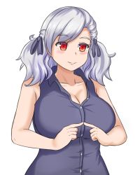 Rule 34 | 1girl, blue ribbon, blue shirt, breasts, cleavage, collarbone, commentary, english commentary, fingers together, girls&#039; frontline, hair ribbon, highres, large breasts, looking away, medium hair, nav (itsnav), red eyes, ribbon, shirt, silver hair, simple background, sleeveless, sleeveless shirt, smile, solo, spas-12 (girls&#039; frontline), upper body, white background