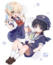 Rule 34 | 1boy, 1girl, aged down, alternate costume, black hair, blonde hair, bloomers, blue eyes, blue sailor collar, blue shorts, blue skirt, bow, brown footwear, bubble, drinking straw, drinking straw in mouth, flower, food, genshin impact, hair flower, hair ornament, hand in pocket, hat, highres, holding, looking at viewer, lumine (genshin impact), ming4, neckerchief, one eye closed, open mouth, orange eyes, popsicle, red bow, sailor collar, scaramouche (genshin impact), short hair with long locks, short sleeves, shorts, skirt, socks, thighhighs, underwear, v, wanderer (genshin impact), white bloomers, white flower, white neckerchief, white socks, white thighhighs
