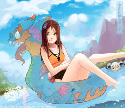Rule 34 | 2girls, barefoot, brown eyes, brown hair, casual one-piece swimsuit, cloud, crossed arms, day, dragon, hair ornament, hairpin, innertube, lilith (endling), mountain, multiple girls, one-piece swimsuit, original, partially submerged, ree (shaun healey), see-through, shaun healey, silver hair, skull, soaking feet, sunglasses, swim ring, swimsuit, water