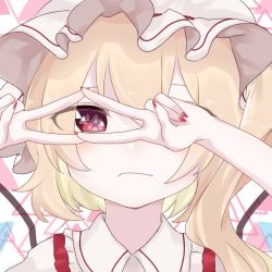 Rule 34 | 1girl, arms up, blonde hair, blush, closed mouth, collared shirt, double v, eringi (rmrafrn), eyebrows hidden by hair, fingernails, flandre scarlet, frilled shirt collar, frills, hair between eyes, hat, long hair, looking at viewer, mob cap, nail polish, one eye covered, one side up, portrait, red eyes, red nails, shirt, solo, symbol in eye, touhou, v, v over eye, white hat