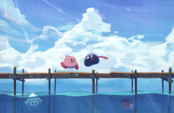 Rule 34 | blipper, blue sky, blush, cloud, day, goggles, gooey (kirby), highres, kirby, kirby (series), long tongue, looking at another, nintendo, no humans, open mouth, outdoors, pier, sky, smile, squishy (kirby), suyasuyabi, tongue, tongue out