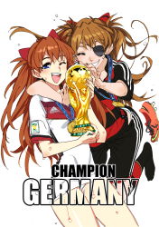 Rule 34 | 2014 fifa world cup, 2girls, absurdres, closed eyes, dual persona, eyepatch, female focus, germany, grin, happy, highres, hug, image macro, long hair, medal, multiple girls, neon genesis evangelion, one eye closed, open mouth, panties, rebuild of evangelion, shorts, smile, soccer, soccer jersey, soccer uniform, souryuu asuka langley, sportswear, striped clothes, striped panties, sweat, trophy, twintails, underwear, world cup, yu yanshu