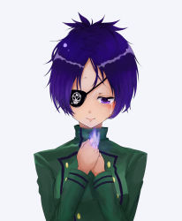 Rule 34 | 1girl, absurdres, breasts, chrome dokuro, closed mouth, crying, crying with eyes open, eyepatch, highres, jewelry, katekyo hitman reborn!, orange wild, purple eyes, purple hair, ring, school uniform, short hair, simple background, smile, solo, tears