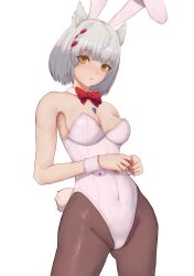 Rule 34 | 1girl, absurdres, alternate costume, animal ears, blunt bangs, breasts, cat ears, chest jewel, commentary request, covered navel, detached collar, fake animal ears, highres, leotard, looking at viewer, mio (xenoblade), pantyhose, playboy bunny, rabbit ears, rabbit tail, short hair, simple background, small breasts, solo, standing, strapless, strapless leotard, tail, white background, white leotard, wrist cuffs, xenoblade chronicles (series), xenoblade chronicles 3, yellow eyes, zelc-face