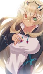 Rule 34 | 1girl, akio (akio1124), blonde hair, breasts, chain print, contemporary, drawstring, barghest (fate), fate/grand order, fate (series), green eyes, heterochromia, highres, hood, hooded sweater, horns, large breasts, long hair, looking at viewer, raglan sleeves, red eyes, solo, sweater