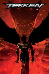 Rule 34 | age difference, angry, claws, devil jin, facial hair, fire, fire, flame print, grandfather and grandson, highres, horns, kazama jin, logo, looking at viewer, mishima heihachi, muscular, muscular male, official art, rock, tekken, topless male, wings