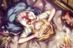 Rule 34 | 1girl, alice margatroid, bed sheet, blonde hair, blue eyes, blue skirt, boots, unworn boots, bra, breasts, brown footwear, brown pantyhose, closed mouth, doll, doll joints, eredhen, from above, hairband, highres, joints, knees up, looking at viewer, lying, medium breasts, neck ribbon, on back, on bed, pantyhose, pillow, pink bra, ribbon, short hair, short sleeves, skirt, solo, touhou, underwear, window