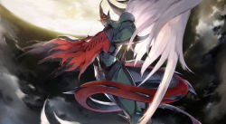Rule 34 | 1boy, closed mouth, cloud, cloudy sky, colored skin, crossed arms, dragon, dragon tail, duel monster, elemental hero flame wingman, feathered wings, glowing, glowing eyes, green skin, highres, kanaria (fuusenkazura), looking down, male focus, monster, moon, night, night sky, outdoors, pointy ears, single wing, sky, solo, standing, tail, wings, yellow eyes, yellow moon, yu-gi-oh!, yu-gi-oh! gx