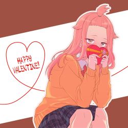 Rule 34 | 1girl, bow, bowtie, box, box of chocolates, brown background, brown eyes, brown sweater, commentary request, etra-chan wa mita!, forehead, happy valentine, heart, heart-shaped box, heart of string, highres, long hair, long sleeves, nyako (lhq3p), pink hair, plaid, plaid skirt, red bow, red bowtie, school uniform, shirt, sitting, skirt, solo, sweatdrop, sweater, topknot, two-tone background, white background, white shirt, yuri (etra-chan wa mita!)
