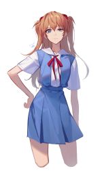 Rule 34 | 1girl, annoyed, banned artist, blouse, blue eyes, blue skirt, brown hair, closed mouth, collared shirt, cropped legs, dated, dress shirt, floating hair, frown, hand on own hip, headgear, highres, long hair, looking at viewer, miniskirt, neck ribbon, neon genesis evangelion, red ribbon, ribbon, sailor collar, sailor shirt, school uniform, shirt, short sleeves, simple background, skirt, solo, souryuu asuka langley, standing, suspender skirt, suspenders, tokyo-3 middle school uniform, very long hair, white background, white sailor collar, white shirt, yurang