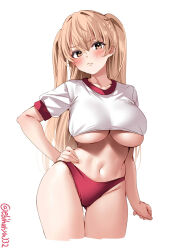 Rule 34 | 1girl, alternate costume, blush, breasts, brown eyes, brown hair, buruma, closed mouth, cowboy shot, cropped legs, ebifurya, gluteal fold, hair between eyes, hand on own hip, highres, johnston (kancolle), kantai collection, large breasts, long hair, midriff, navel, one-hour drawing challenge, red buruma, shirt, short sleeves, simple background, solo, twitter username, two side up, underboob, white background, white shirt