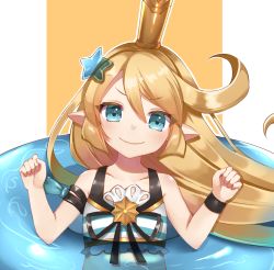 Rule 34 | 1girl, bad id, bad pixiv id, bikini, blonde hair, blue eyes, blush, charlotta (granblue fantasy), clenched hands, closed mouth, collarbone, commentary request, crown, granblue fantasy, hair ornament, itoi toi, long hair, looking at viewer, pointy ears, smile, solo, star (symbol), star hair ornament, swimsuit, upper body