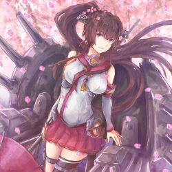 Rule 34 | 1girl, asymmetrical legwear, bare shoulders, breasts, brown eyes, brown hair, cherry blossoms, cowboy shot, detached sleeves, flower, hair flower, hair ornament, hip vent, kantai collection, large breasts, long hair, looking at viewer, machinery, pleated skirt, ponytail, red skirt, skirt, smile, solo, turret, uneven legwear, very long hair, yamato (kancolle), yomi (yomi14 pyaon)