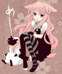 Rule 34 | 1girl, animal ears, black thighhighs, blush, dress, female focus, full body, green eyes, horns, open mouth, original, pink hair, sheep, single horn, sitting, solo, striped clothes, striped thighhighs, thighhighs