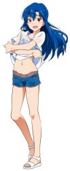Rule 34 | 1girl, absurdres, akizuki ritchan, blue hair, blush, brown eyes, clothes lift, full body, highres, idolmaster, idolmaster (classic), kisaragi chihaya, long hair, navel, open mouth, shirt lift, shorts, solo, vector trace, wet, wet clothes, white background