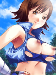 Rule 34 | 1girl, amasa-hikae, armpits, breasts, brown hair, day, covered erect nipples, hand on own hip, hip focus, kazama asuka, large breasts, md5 mismatch, nipples, sky, solo, sweat, tekken, torn clothes
