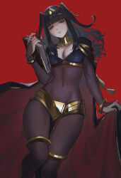 Rule 34 | 1girl, black hair, blunt bangs, bodystocking, book, bracelet, breasts, bridal gauntlets, cape, circlet, cleavage, commentary, covered navel, english commentary, fire emblem, fire emblem awakening, highres, jewelry, long hair, looking at viewer, medium breasts, nintendo, purple eyes, qosic, red background, solo, tharja (fire emblem), tiara, two side up