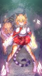 Rule 34 | 1girl, absurdres, animal ears, animal print, aura, boots, cross-laced footwear, energy, fighting stance, garter straps, gloves, glowing, glowing eyes, gm (ggommu), highres, kemono friends, lace-up boots, necktie, plaid necktie, plaid sleeves, plaid trim, print gloves, tail, thighhighs, tiger, tiger (kemono friends), tiger ears, tiger girl, tiger print, tiger tail