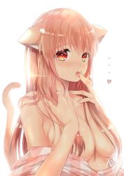 Rule 34 | ..., 1girl, animal ears, backlighting, blonde hair, blush, breasts, cat ears, cat girl, cat tail, cleavage, collarbone, eroriru, finger to mouth, green nails, hair between breasts, hair between eyes, hair censor, hair over breasts, heart, large breasts, licking, licking finger, long hair, looking at viewer, nail polish, open mouth, original, red eyes, saliva, simple background, solo, sweat, tail, teeth, tongue, upper body, white background