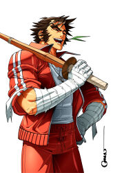 Rule 34 | 1boy, bandaged arm, bandages, brown eyes, forked eyebrows, half-closed eyes, hand on own hip, highres, holding, holding weapon, jacket, justice gakuen, kendo, looking ahead, male focus, mouth hold, muscular, muscular male, mutton chops, nekketsu hayato, omar dogan, open clothes, open jacket, open mouth, pants, red jacket, red pants, shirt, shirt tucked in, signature, sleeves rolled up, smile, solo, spiked hair, stalk in mouth, taut clothes, taut shirt, thick eyebrows, track suit, weapon, whistle, white background, white shirt