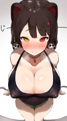 Rule 34 | 1girl, :3, absurdres, animal ears, bad id, bad twitter id, black hair, black one-piece swimsuit, blush, breasts, cleavage, covered erect nipples, dog ears, dog girl, flower, frilled swimsuit, frills, hair flower, hair ornament, heavy breathing, heterochromia, highres, huge breasts, inui toko, long hair, looking at viewer, low twintails, nijisanji, one-piece swimsuit, red eyes, simple background, smile, solo, swimsuit, twintails, virtual youtuber, wasabi sushi, yellow eyes