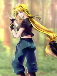 Rule 34 | 1girl, ass, black bow, black gloves, black shirt, blonde hair, blue pants, blurry, blurry background, boots, bow, breasts, commentary request, fate testarossa, fingerless gloves, forest, gloves, hair bow, highres, large breasts, leonis g, long hair, looking at viewer, looking back, low-tied long hair, lyrical nanoha, mahou shoujo lyrical nanoha strikers, midriff, nature, pants, red eyes, shirt, short sleeves, solo, twitter username, very long hair