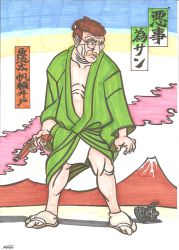 Rule 34 | 1boy, absurdres, blue eyes, breaking bad, brown hair, facial hair, fine art parody, full body, glasses, gun, highres, male focus, mask, mountain, mustache, nihonga, parody, sandals, signature, solo, standing, text focus, traditional media, translation request, ukiyo-e, unko2929, walter hartwell white, walter white, weapon