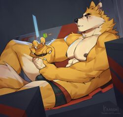 Rule 34 | 1boy, abs, animal ears, artist name, bara, black eyes, black male underwear, blush, claws, commentary, cooper krager, english commentary, erection, furry, furry male, highres, holographic interface, kkaeshi, male focus, male masturbation, male underwear, masturbation, multiple scars, muscular, muscular male, nipples, notched ear, patreon username, pectorals, penis, remember the flowers, scar, scar across eye, scar on face, scar on nose, tail, topless male, underwear, wolf boy, wolf ears, wolf tail