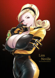 Rule 34 | 1girl, blonde hair, bodysuit, breasts, cleavage, curly hair, ema (emaura), gloves, hairband, kof: maximum impact, large breasts, lien neville, long hair, looking at viewer, plunging neckline, smile, snk, solo, standing, the king of fighters, two-tone bodysuit, unzipped, yellow bodysuit