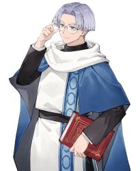 Rule 34 | 1boy, adjusting eyewear, artist request, atelier (series), atelier marie, blue eyes, book, closed mouth, glasses, hand up, holding, holding book, kreis kuhl, long sleeves, male focus, official art, parted bangs, robe, short hair, simple background, smile, solo, standing
