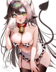 Rule 34 | 1girl, :d, absurdres, animal ears, animal print, apron, artist name, bare arms, bare shoulders, bell, bikini, black hair, black thighhighs, blush, breasts, cellphone, collar, cow ears, cow girl, cow horns, cow print, cow tail, eyelashes, eyepatch bikini, fingernails, frilled apron, frills, garter straps, highres, holding, holding phone, horns, large breasts, leaning forward, long fingernails, long hair, looking at viewer, mole, mole under eye, navel, neck bell, open mouth, original, phone, red collar, rosebell, simple background, skindentation, smartphone, smile, solo, swimsuit, tail, thighhighs, thighs, very long hair, waist apron, white apron, white background, yellow eyes