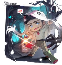 Rule 34 | 1boy, absurdres, alternate costume, ascot, bara, beard stubble, black hair, cat boy, cat tail, chibi, commentary, deformed, demon tail, facial hair, full body, ghost costume, glint, halloween, halloween costume, heart, highres, holding, holding lantern, kuro (kuroshima kurishiro), kuroshima kurishiro (muyi24108414), lantern, looking at viewer, male focus, mask lift, mature male, original, pants, solo, stitches, stubble, tail, tareme, thick eyebrows, tombstone, undercut