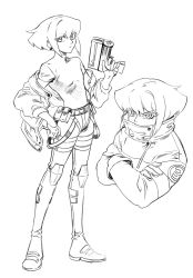 Rule 34 | androgynous, asymmetrical hair, bae (baebae), character profile, crossed arms, fire, firefighter, full body, galo thymos, gender request, gloves, greyscale, gun, half gloves, high collar, highres, jacket, lineart, monochrome, promare, role reversal, sidecut, sidelocks, turtleneck, undercut, weapon