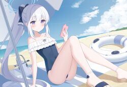 Rule 34 | 1girl, ass, bare arms, bare legs, bare shoulders, beach, black one-piece swimsuit, blue archive, blue halo, blush, casual one-piece swimsuit, cellphone, closed mouth, day, frilled one-piece swimsuit, frills, halo, highres, holding, holding phone, kurumi lm, long hair, looking at viewer, miyako (blue archive), miyako (swimsuit) (blue archive), ocean, off-shoulder one-piece swimsuit, off shoulder, official alternate costume, official alternate hairstyle, one-piece swimsuit, outdoors, parasol, phone, ponytail, purple eyes, sandals, smartphone, solo, swimsuit, umbrella, white hair