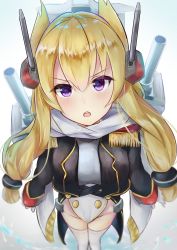 Rule 34 | 1girl, absurdres, azur lane, black jacket, blonde hair, blush, breasts, buttons, cannon, commentary, double-breasted, foreshortening, from above, gloves, hair between eyes, headpiece, highres, jacket, kyoro ina, long hair, long sleeves, looking at viewer, looking up, medium breasts, military, military uniform, no panties, open clothes, open jacket, open mouth, purple eyes, rigging, scarf, simple background, solo, thighhighs, thighs, twintails, uniform, warspite (azur lane), white background, white gloves, white scarf, white thighhighs