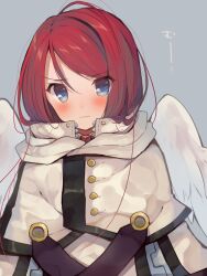 Rule 34 | 1girl, angel wings, blue background, blue eyes, blush, buttons, capelet, character request, closed mouth, collared capelet, commentary request, copyright request, embarrassed, eyelashes, feathered wings, furrowed brow, high collar, highres, long sleeves, looking at viewer, loose hair strand, medium hair, necktie, red hair, red necktie, scarf, simple background, solo, upper body, usamata, wavy mouth, white capelet, white scarf, white sleeves, white tunic, white wings, wings, zipper