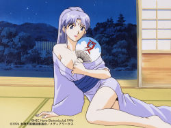 Rule 34 | 1990s (style), 1996, 1girl, arm support, bare legs, barefoot, breasts, cleavage, copyright name, copyright notice, expressionless, facing viewer, hand fan, high ponytail, hill, holding, holding fan, indoors, japanese clothes, kimono, large breasts, long hair, long sleeves, looking at viewer, megami paradise, nec corporation, nec home electronics, night, no bra, off-shoulder yukata, off shoulder, official art, on floor, paper fan, purple hair, retro artstyle, sash, shouji, silver hair, sitting, sky, sliding doors, solo, star (sky), starry sky, stashia, tatami, tree, uchiwa, yokozuwari, yukata