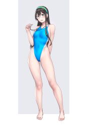 Rule 34 | 1girl, alternate costume, bare arms, bare legs, bare shoulders, barefoot, black eyes, black hair, blush, breasts, brown eyes, brown hair, closed mouth, collarbone, competition swimsuit, covered navel, cowboy shot, full body, glasses, green eyes, groin, hair between eyes, hairband, highleg, highleg swimsuit, highres, kantai collection, long hair, looking at viewer, one-piece swimsuit, ooyodo (kancolle), simple background, small breasts, smile, solo, standing, swimsuit, thighs, whistle, whistle around neck, white background, white hairband, yuuji (and)