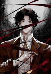 Rule 34 | 1boy, black hair, brown eyes, brown jacket, brown necktie, chinese commentary, commentary request, highres, jacket, jewelry, klein moretti, lips, looking at viewer, lord of the mysteries, necktie, pendant, shirt, short hair, solo, string, tangyinyan