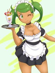 Rule 34 | 1girl, ;), alternate costume, apron, black choker, black dress, breasts, choker, closed mouth, commentary request, cowboy shot, creatures (company), dark-skinned female, dark skin, dress, enmaided, food, game freak, glass, green eyes, green hair, holding, holding tray, ice cream, looking at viewer, maid, maid apron, maid headdress, mallow (pokemon), medium breasts, medium hair, nintendo, one eye closed, pokemon, pokemon sm, puffy short sleeves, puffy sleeves, short dress, short sleeves, smile, solo, standing, sundae, swept bangs, tof, tray, twintails, white apron