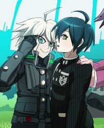 Rule 34 | 3boys, ahoge, androgynous, arm around waist, black shirt, black sleeves, blanko!, blue eyes, blue hair, buttons, closed mouth, commentary, cowboy, crest, danganronpa (series), danganronpa v3: killing harmony, english commentary, eyelashes, feet out of frame, fingernails, green eyes, hand on another&#039;s shoulder, hand on own forehead, highres, huge ahoge, k1-b0, layered sleeves, light blue hair, long sleeves, looking at viewer, male focus, momota kaito, multiple boys, open mouth, outdoors, pink sleeves, pinstripe pattern, pinstripe shirt, pocket, purple hair, saihara shuichi, shirt, short hair, smile, striped clothes, striped shirt, teeth, upper teeth only, vertical-striped clothes, vertical-striped shirt, vertical-striped sleeves, western, white hair, yaoi