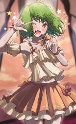 Rule 34 | 1girl, ;d, \m/, ahoge, arm up, bare shoulders, blurry, blurry background, blush, brown skirt, camisole, commentary request, depth of field, detached sleeves, fang, green hair, highres, holding, holding microphone, huziko32, looking at viewer, macross, macross frontier, microphone, one eye closed, open mouth, pleated skirt, puffy short sleeves, puffy sleeves, ranka lee, red eyes, seikan hikou, short sleeves, skirt, smile, solo, star (symbol), twintails, white camisole, white sleeves