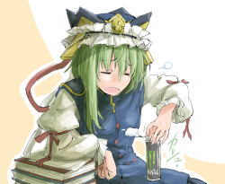 Rule 34 | 1girl, asymmetrical hair, book, can, energy drink, closed eyes, green hair, hat, kitsune maru, leaning on object, long sleeves, monster energy, open mouth, puffy long sleeves, puffy sleeves, shiki eiki, sitting, solo, touhou