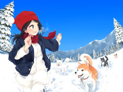 Rule 34 | 1girl, baggy clothes, beanie, black hair, blue coat, blue eyes, blush, coat, commentary, dog, fisheye, fringe trim, hands up, hat, highres, long sleeves, looking back, maruhana, mountain, open mouth, original, pants, red hat, red scarf, running, scarf, shiba inu, shirt, smile, snow, solo, tree, white pants, white shirt, winter