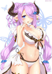 Rule 34 | 10s, 1girl, bikini, blue eyes, blush, braid, breasts, cleavage, draph, earrings, granblue fantasy, hair over one eye, highres, horns, jewelry, large breasts, light purple hair, long hair, looking at viewer, md5 mismatch, mirea, narmaya (granblue fantasy), narmaya (summer) (granblue fantasy), navel, open mouth, pointy ears, renka (llawliet39), revision, simple background, solo, swimsuit, twintails, twitter username, white bikini