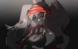 Rule 34 | 1girl, absurdres, angelina (arknights), aonogura, arknights, arm under breasts, bare shoulders, big hair, black choker, black shirt, breasts, breath, choker, dark background, gradient background, hair between eyes, hairband, highres, large breasts, long hair, looking at viewer, parted lips, red eyes, red hairband, shirt, solo, spot color, twintails, undiminished, upper body, very long hair