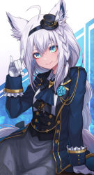 1girl ahoge animal_ear_fluff animal_ears aqua_eyes ascot black_corset black_hairband black_hat blue_background blue_bow blue_bowtie blue_jacket bow bowtie braid braided_ponytail closed_mouth collared_shirt corset fox_ears fox_girl fox_shadow_puppet fox_tail gloves grey_skirt hairband hand_up hat highres hololive jacket long_hair looking_at_viewer mini_hat mini_top_hat official_alternate_costume open_clothes open_jacket re_(re_09) shirakami_fubuki shirakami_fubuki_(aristocrat_kei) shirt side_braid sidelocks sitting skirt smile solo tail top_hat very_long_hair virtual_youtuber white_background white_gloves white_hair white_shirt wrist_cuffs