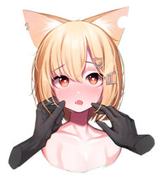 Rule 34 | 1girl, absurdres, animal ears, arknights, beudelb, black gloves, blonde hair, cheek pinching, collarbone, cropped torso, disembodied hand, ear piercing, fox ears, fox girl, gloves, hair ornament, hairclip, heart, heart-shaped pupils, highres, notched ear, nude, open mouth, orange eyes, piercing, pinching, portrait, saliva, short hair, simple background, solo focus, sweat, symbol-shaped pupils, vermeil (arknights), white background