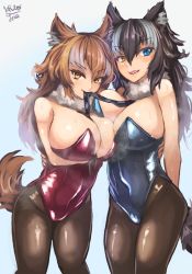 Rule 34 | 10s, 2girls, animal ears, bare shoulders, between breasts, blue eyes, blush, breast hold, breasts, brown hair, cleavage, fang, grey wolf (kemono friends), heterochromia, hibax-fre, highres, japanese wolf (kemono friends), kemono friends, large breasts, leotard, long hair, looking at viewer, multicolored hair, multiple girls, necktie, necktie between breasts, nontraditional playboy bunny, open mouth, pantyhose, playboy bunny, simple background, smile, tail, two-tone hair, wolf ears, wolf tail, yellow eyes