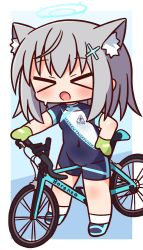 Rule 34 | &gt; &lt;, 1girl, :o, animal ear fluff, animal ears, bicycle, biker clothes, bikesuit, blue archive, blue background, blue footwear, blush, bodysuit, cat ears, chibi, closed eyes, clothes writing, covered navel, facing viewer, full body, gloves, green gloves, grey hair, groin, hair ornament, halo, hana kazari, hand on own hip, highres, long hair, open mouth, shiroko (blue archive), shiroko (cycling) (blue archive), shoes, short sleeves, socks, solo, standing, sweat, white socks